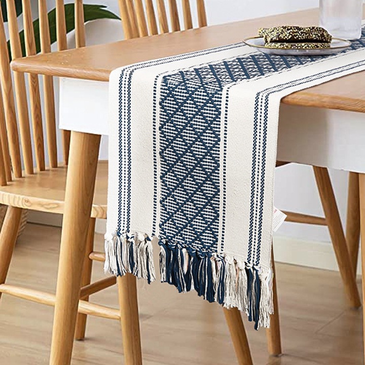 Traversa de masa QttvbTna, stil boho, franjuri, multicolor, 35x170cm