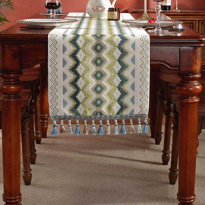 Carmdering EMAGFP-BST3110339-1-A asztali futó, boho stílusú jacquard mintával és rojtokkal, poliészter, többszínű, 35 x 180 cm