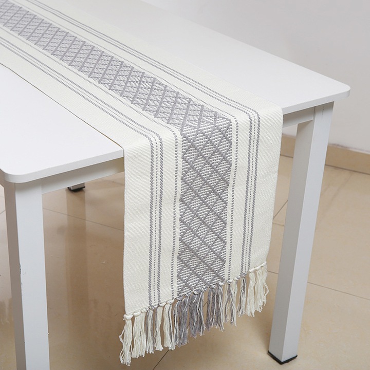 Modern szürke-zöld asztali futó 14.5x84 hüvelyk, bojtos