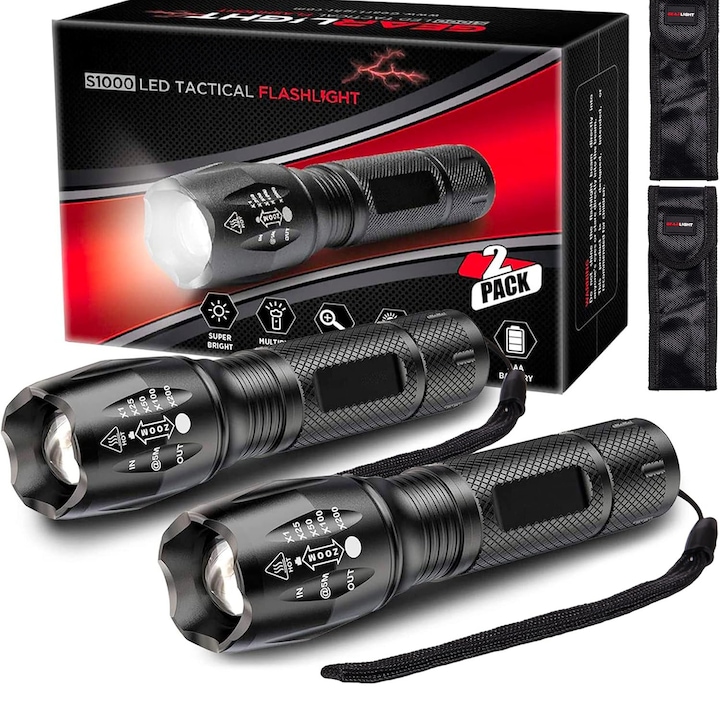 Set 2 Lanterne LED Elindor® 1040 Lumeni, 5 Moduri Iluminare, Fascicul cu Zoom, Baterii AAA, Lanterna Tactica Puternica Rezistenta la Apa si Lovituri, Luminoase, Ideal pentru Vanatoare, Cort, Camping, Negru