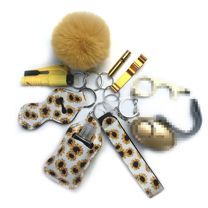 10 darabos csuklópántos kulcstartó szett, női biztonsági kulcstartó szett kártyatartóval, kézfertőtlenítő tartóval stb., leopárdmintás