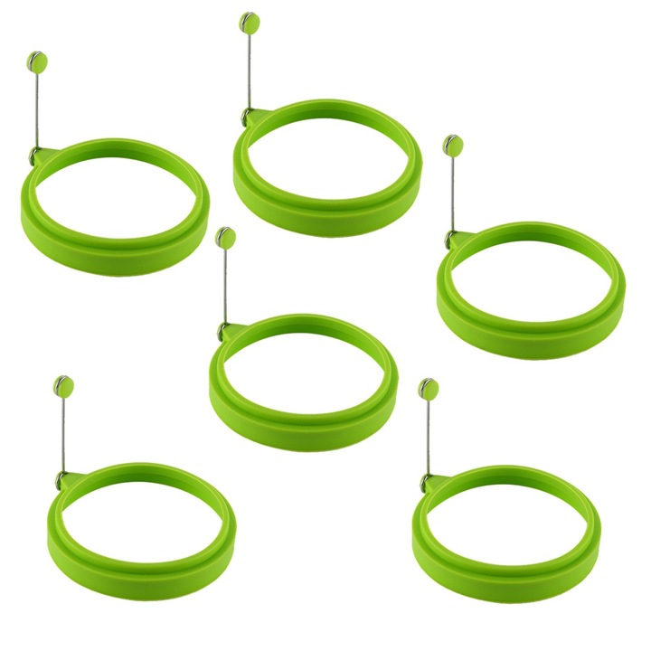 Set 6 forme pentru oua si clatite, Silicon si Otel Inoxidabil, verde, O10.5x2cm