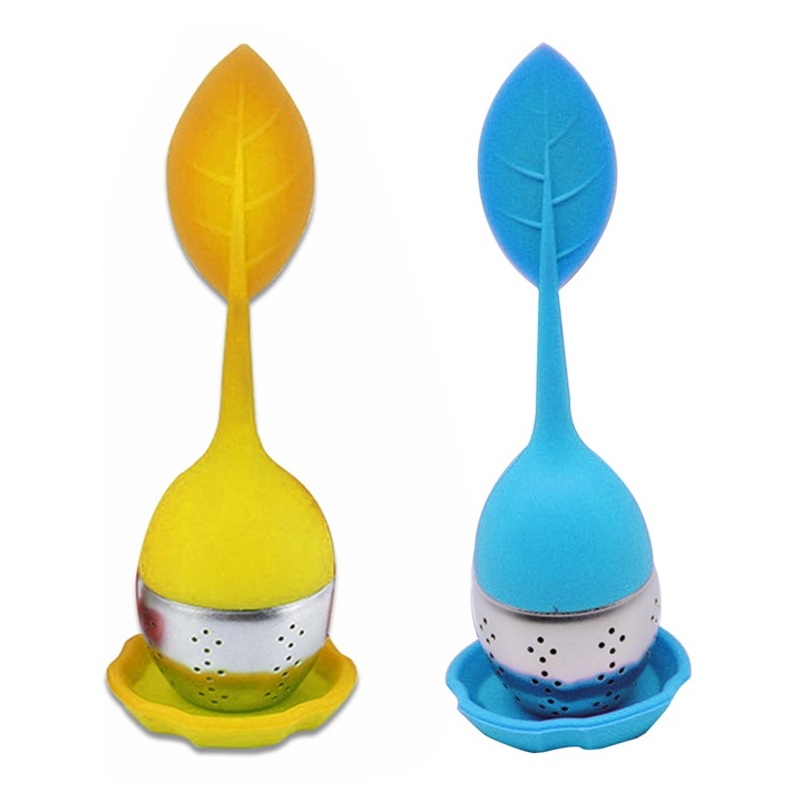 Комплект от 2 чаши за чай от неръждаема стомана със силиконова дръжка, жълто/синьо