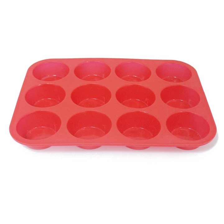 Muffin tepsi, QttvbTna, 12 rekeszes, szilikon, tapadásmentes, piros