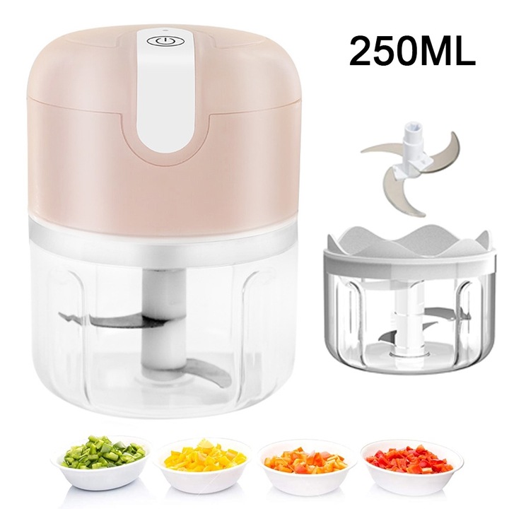 Tocator electric mini pentru legume, QttvbTna, 250ml, roz, 8.3x13cm