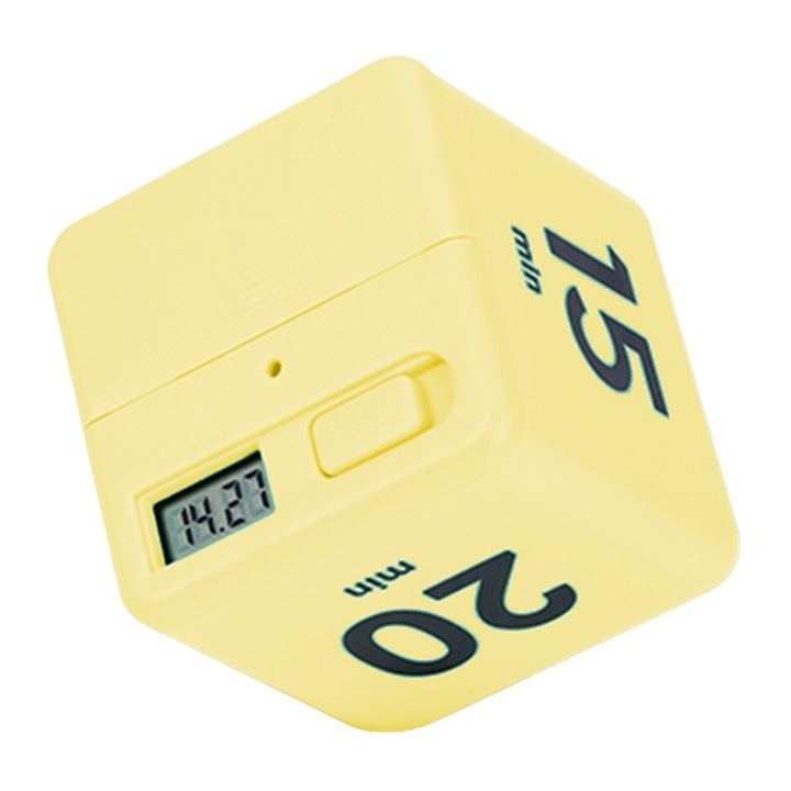 Temporizator cubic cu 4 setari, alarma reglabila, galben, 6.6x6.6cm