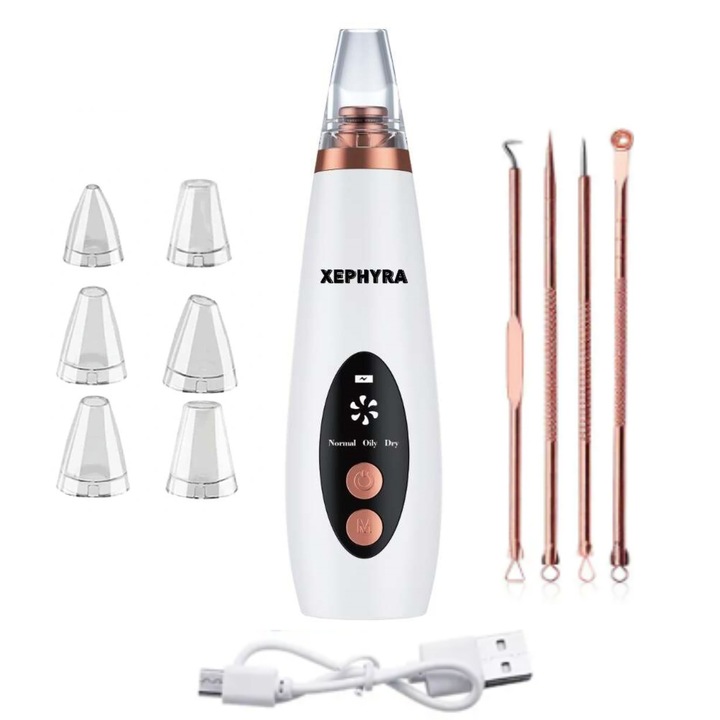 Mitesszer eltávolító készülék, Xephyra, 3 sebességfokozat, 6 fej, 4 eltávolító tű, LED képernyő, nagy kapacitású polimer akkumulátor, fehér