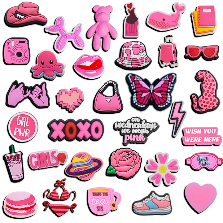 35 db-os Crocs klumpa díszítő tartozékok, rajzfilmmodell, PVC, rózsaszín, Nybgyy®