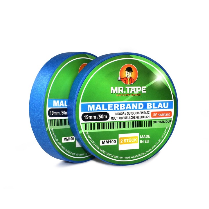 Set de 2 banda de mascare hartie, albastru, BB TAPES, rezistenta la UV, 19 mm x 50 m