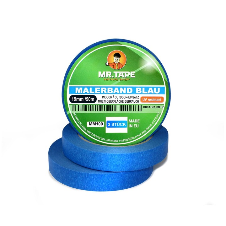 Set de 3 banda de mascare hartie, albastra, BB TAPES, rezistenta la UV, 19 mm x 50 m