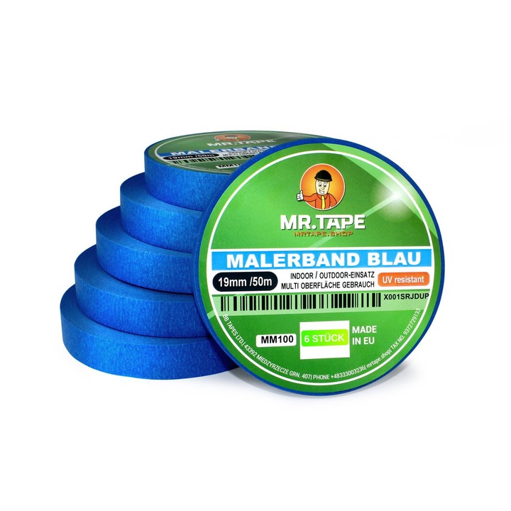 Set de 6 banda de mascare hartie, albastru, BB TAPES, rezistenta la UV, 19 mm x 50 m