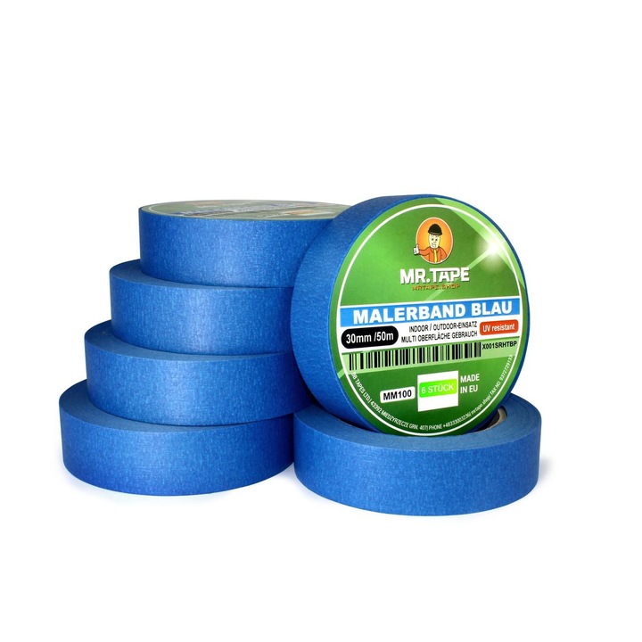 Set de 6 banda de mascare hartie, albastra, BB TAPES, rezistenta la UV, 30 mm x 50 m