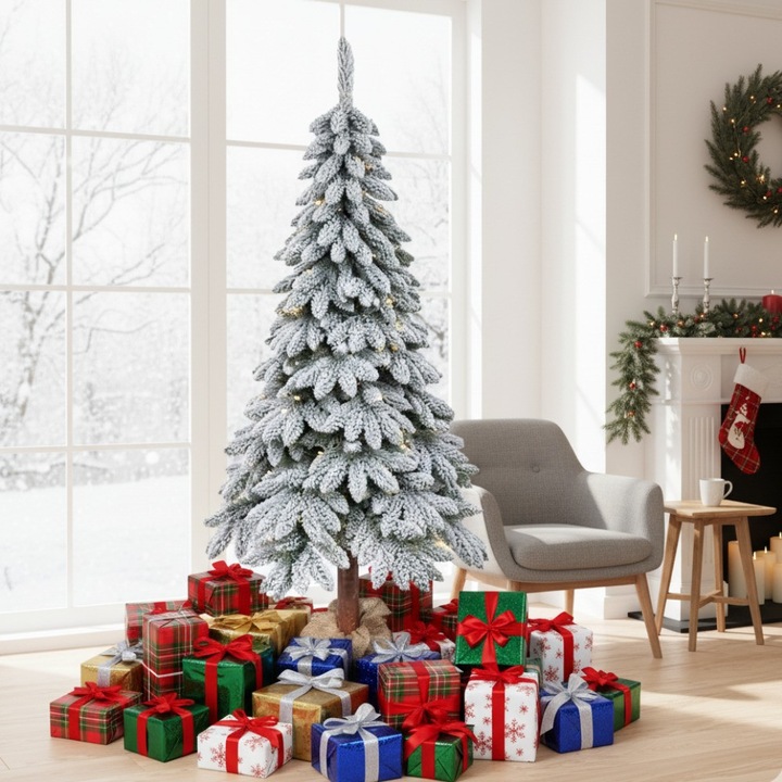 Brad artificial Canadian Frost, 180 cm, trunchi inalt din lemn natural 100% FSC, ace 3D, diametru 85 cm, cu zapada