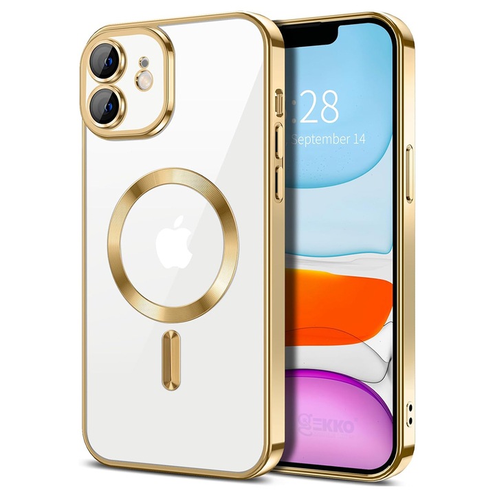 Husa Magnetica pentru iPhone 11, din silicon cu Inel MagSafe integrat, protectie camera si lentile, Transparenta cu margine platinata, Gold