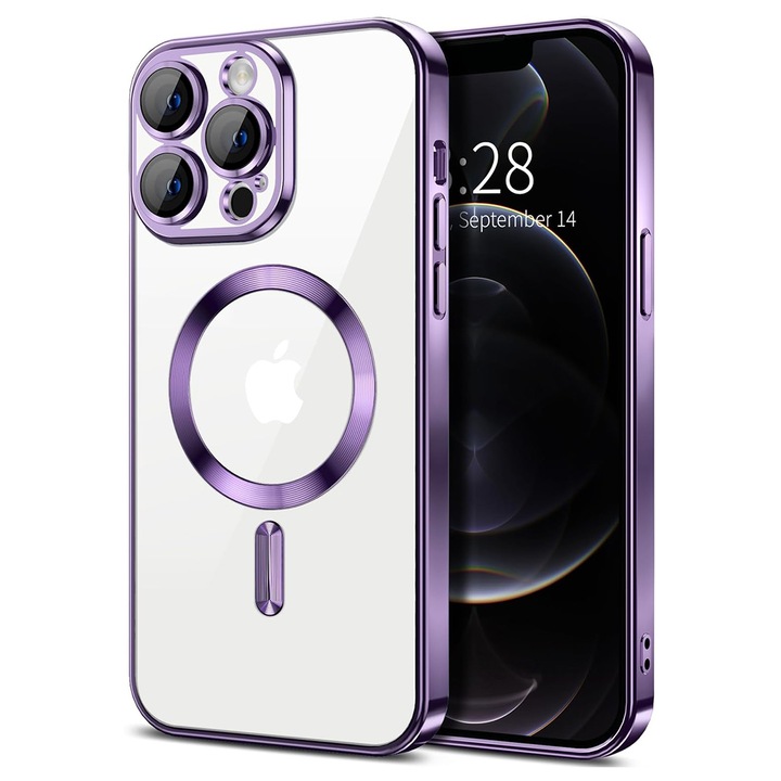 Husa Magnetica pentru iPhone 11 Pro Max, din silicon cu Inel MagSafe integrat, protectie camera si lentile, Transparenta cu margine platinata, Purple