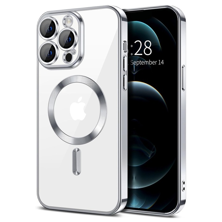 Husa Magnetica pentru iPhone 11 Pro Max, din silicon cu Inel MagSafe integrat, protectie camera si lentile, Transparenta cu margine platinata, Silver