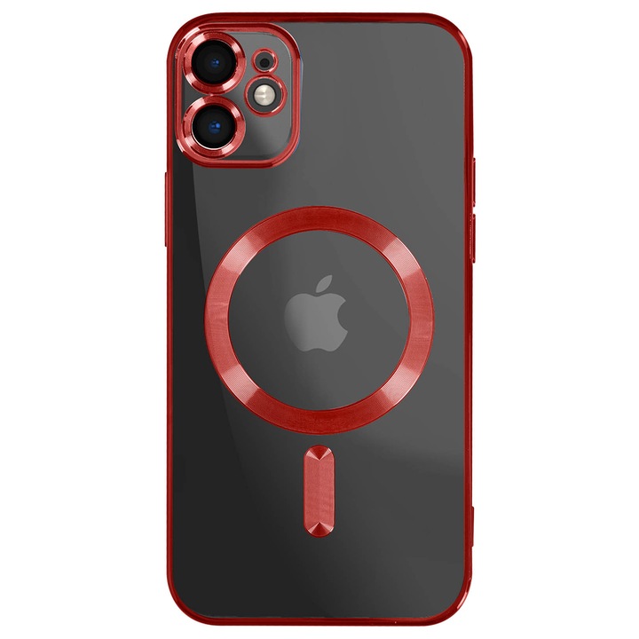 Husa iShield pentru iPhone 11, din silicon gel, cu inel Magnetic functie MagSafe, protectie lentile foto, ElectroPlated, Transparenta, cu margine Rosie