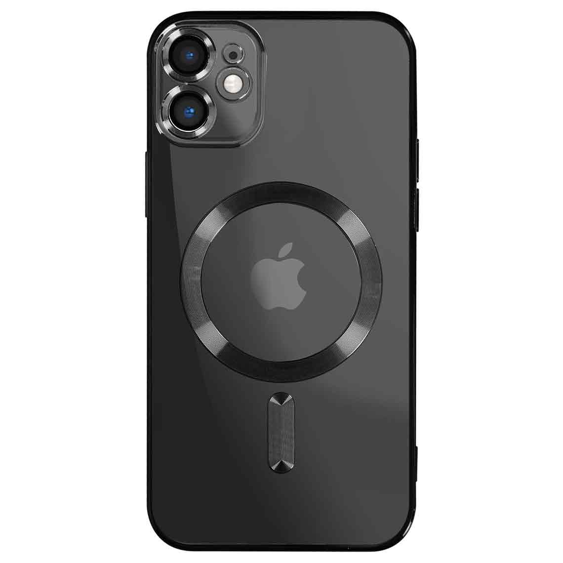 Husa iShield pentru iPhone 11, din silicon gel, cu inel Magnetic functie MagSafe, protectie lentile foto, ElectroPlated, Transparenta, cu margine Neagra