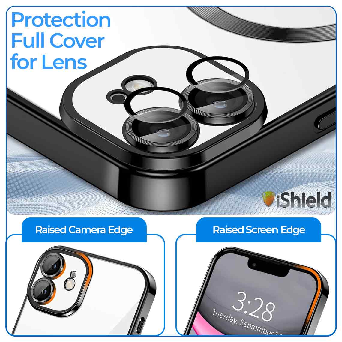 Husa iShield pentru iPhone 11, din silicon gel, cu inel Magnetic functie MagSafe, protectie lentile foto, ElectroPlated, Transparenta, cu margine Neagra