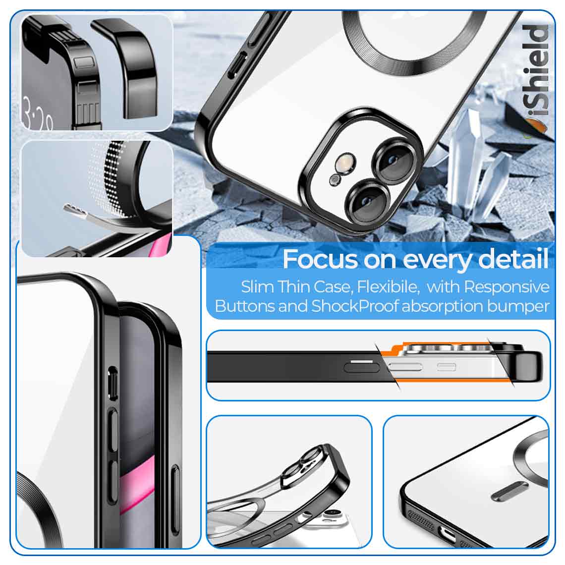 Husa iShield pentru iPhone 11, din silicon gel, cu inel Magnetic functie MagSafe, protectie lentile foto, ElectroPlated, Transparenta, cu margine Neagra