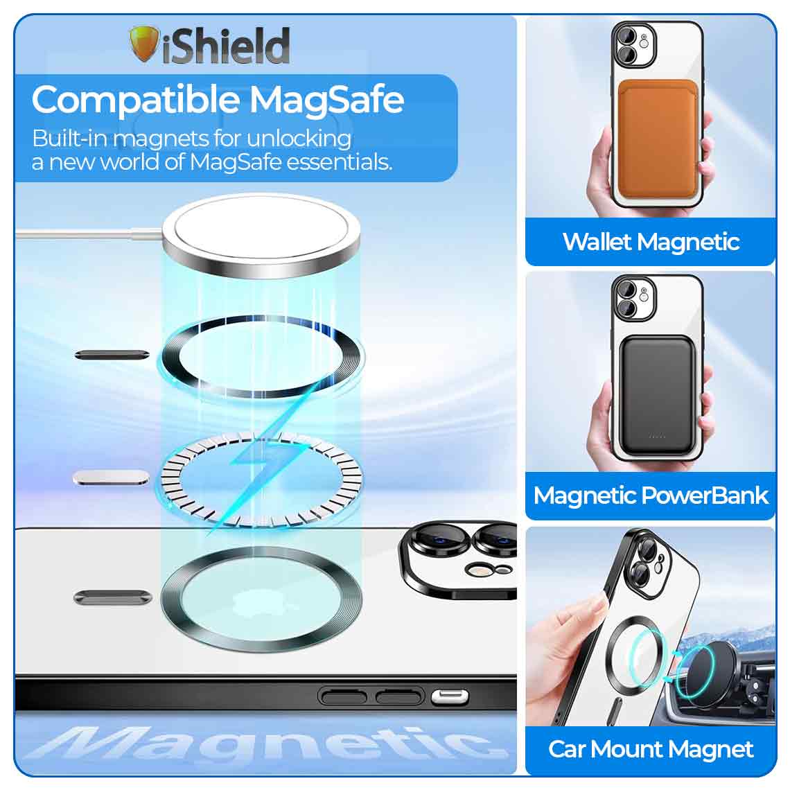 Husa iShield pentru iPhone 11, din silicon gel, cu inel Magnetic functie MagSafe, protectie lentile foto, ElectroPlated, Transparenta, cu margine Neagra