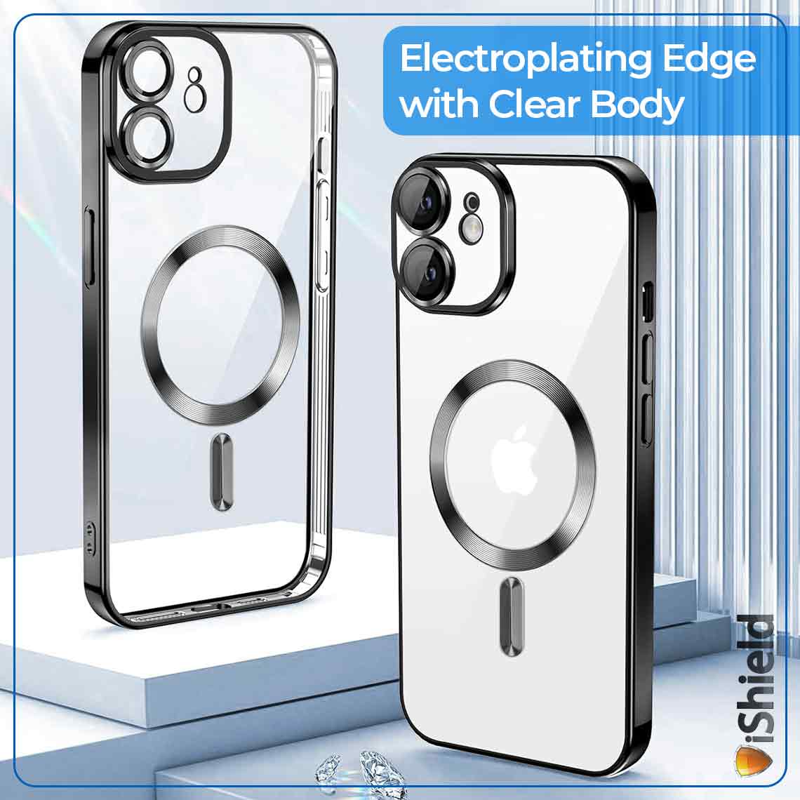 Husa iShield pentru iPhone 11, din silicon gel, cu inel Magnetic functie MagSafe, protectie lentile foto, ElectroPlated, Transparenta, cu margine Neagra