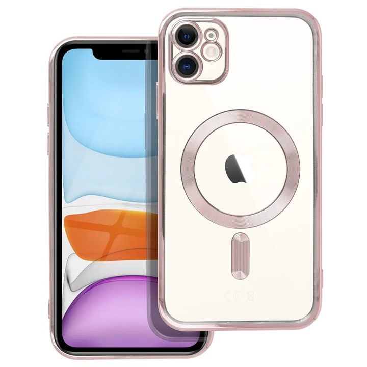 Husa iShield pentru iPhone 11, din silicon gel, cu inel Magnetic functie MagSafe, protectie lentile foto, ElectroPlated, Transparenta, cu margine Rose Gold