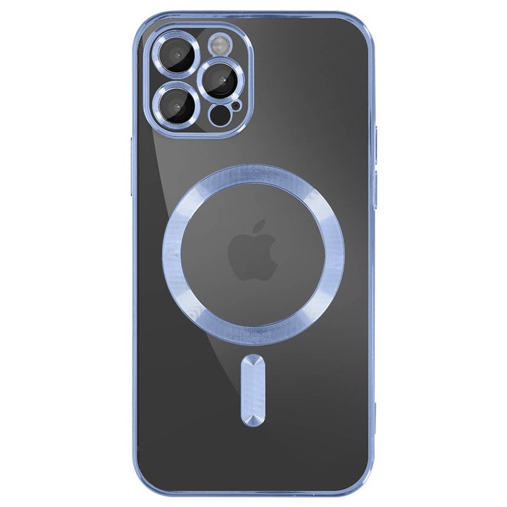 Husa iShield pentru iPhone 11 Pro, din silicon gel, cu inel Magnetic functie MagSafe, protectie lentile foto, ElectroPlated, Transparenta, cu margine Blue