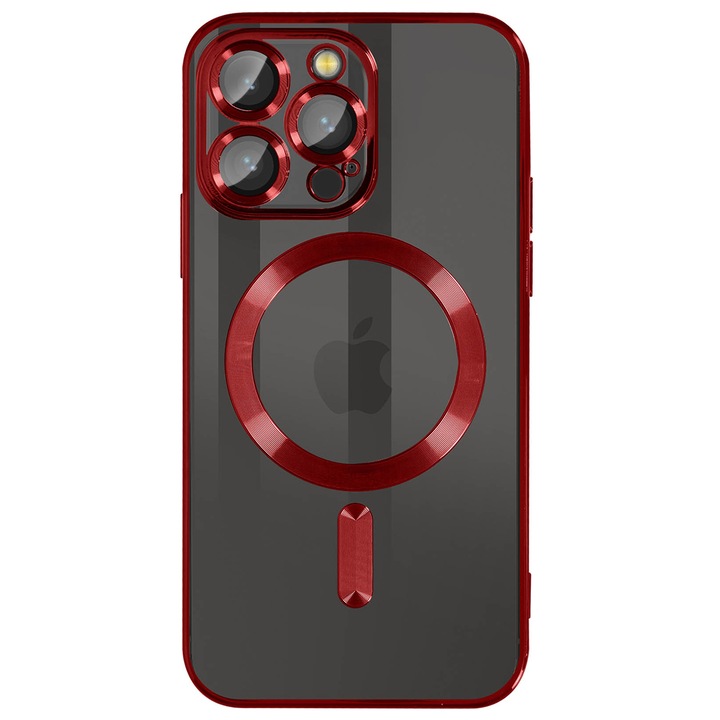 Husa iShield pentru iPhone 11 Pro, din silicon gel, cu inel Magnetic functie MagSafe, protectie lentile foto, ElectroPlated, Transparenta, cu margine Rosie