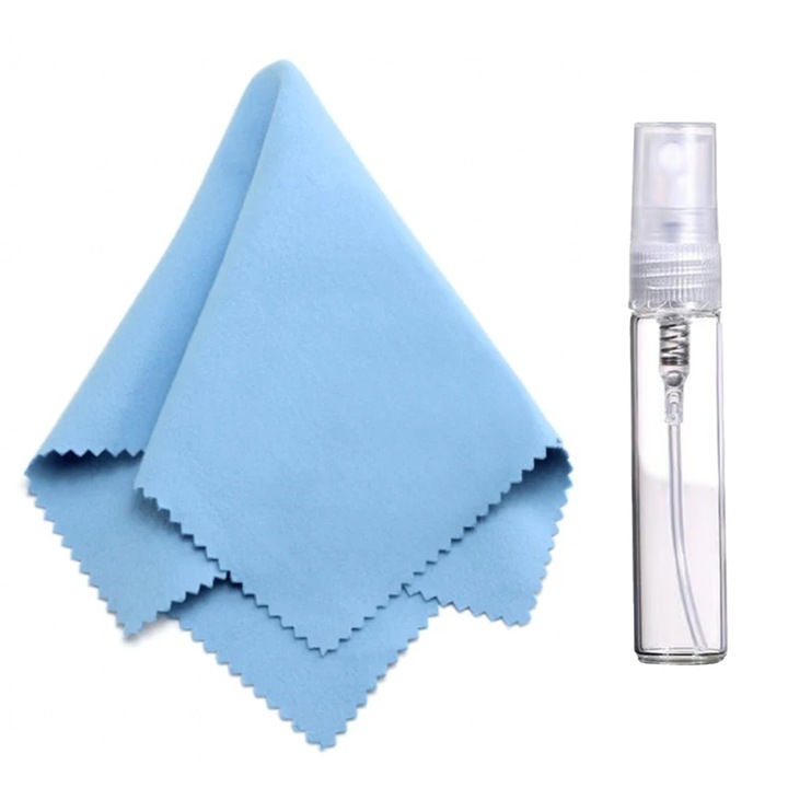 Kit curatare ecran format din laveta magica din microfibra si spray antimicrobian, Polish display telefon, tableta, monitor, Albastru, 10 ml
