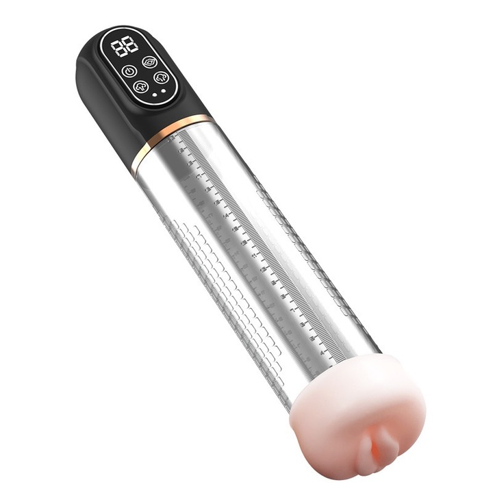 Pompa sexuala functionala 2-in-1, extensor si masturbator cu supt, 3 frecvente de supt, 4 moduri de antrenament cu vacuum, intrare simulata, afisaj digital, IPX7
