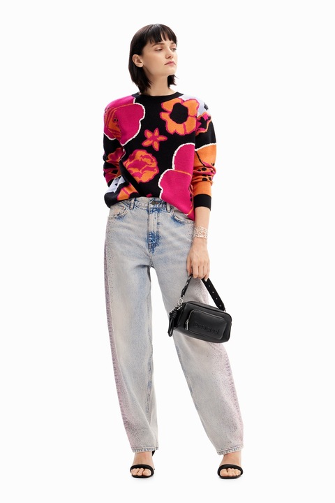 DESIGUAL, Pulover cu decolteu la baza gatului si model floral, Negru/Coral/Portocaliu mandarina