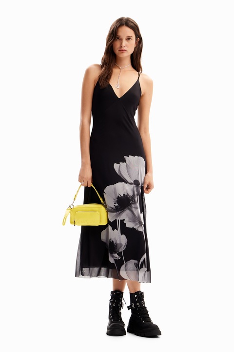 DESIGUAL, Rochie midi cu bretele incrucisate, Negru/Gri/Alb optic, M