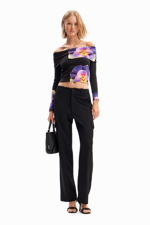 DESIGUAL, Bluza crop cu decolteu pe umeri, Negru/Roz deschis/Lila