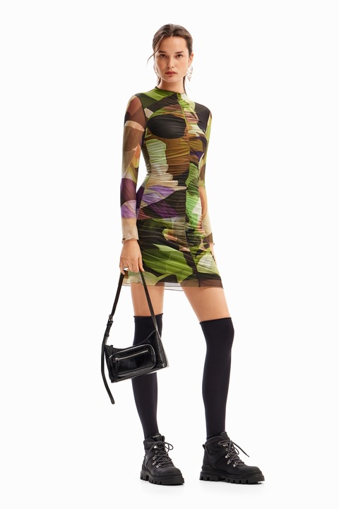 DESIGUAL, Rochie de plasa cu imprimeu, Maro inchis/Verde aquamarin/Verde sparanghel