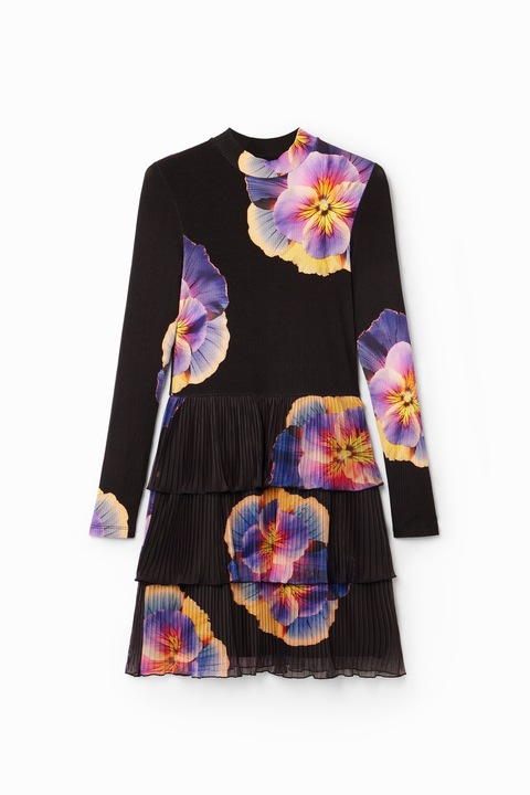 DESIGUAL, Флорална рокля с дълги ръкави, Черен/Лавандула/Шафраново жълто, M