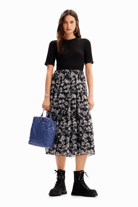 DESIGUAL, Разкроена рокля с дизайн 2 в 1, Черен/Сив/Светло сив