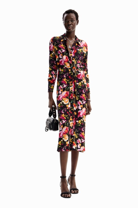 DESIGUAL, Флорална рокля тип риза, Черен/Мандарина/Розово, S