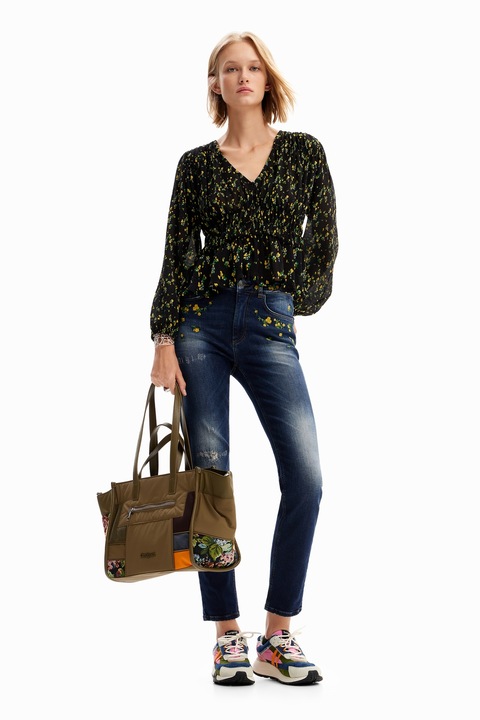 DESIGUAL, Bluza cu decolteu in V si imprimeu floral, Negru/Galben pai/Verde aquamarin