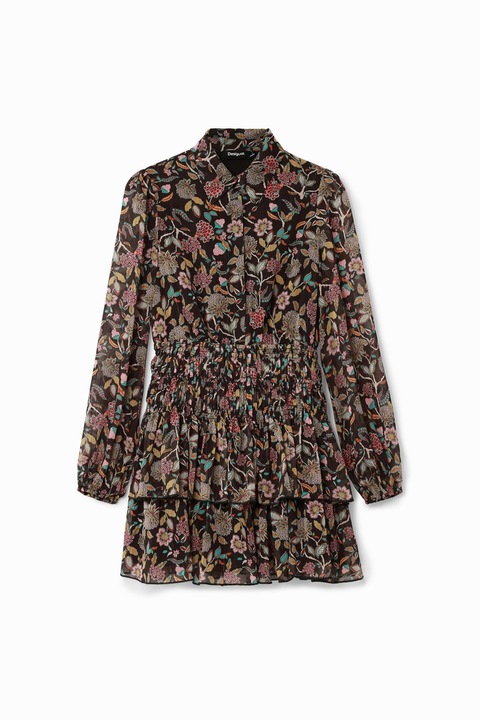 DESIGUAL, Флорална къса рокля, Пастелносин/Тъмночервен/Тъмнокафяв