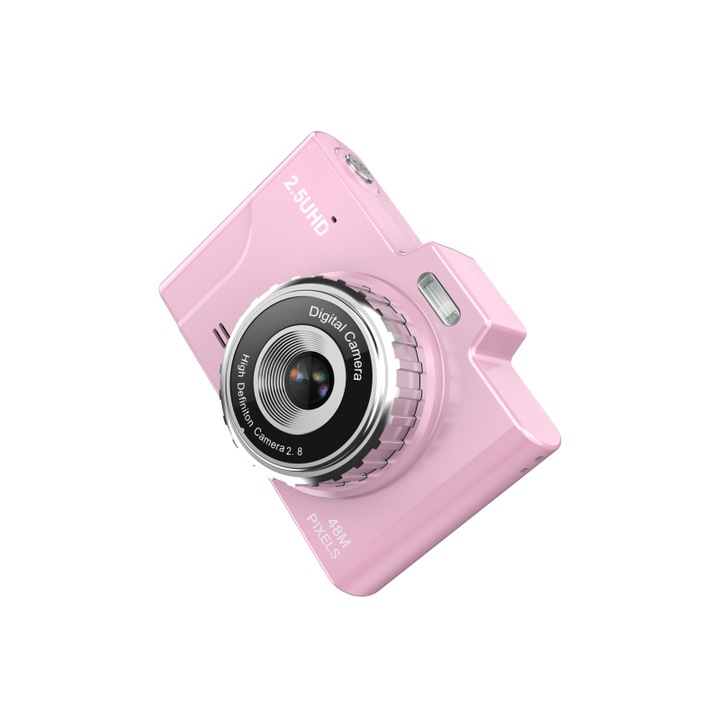 Aparat foto digital, 4800w pixeli, camera duala HD, ecran de 2, 8 inchi, blit, vine cu card de memorie de 32 GB, cititor de carduri USB, Suport cu trei picioare， zoom digital 8x, detectie automata a zambetului, functie de redare muzica, roz