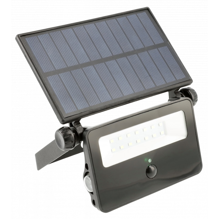 Proiector LED solar cu senzor de miscare GTV Lumos LD-LUMOS10W-64, cu telecomanda, 10W, 850 lm, acumulator 2600 mAh, IP65, Negru
