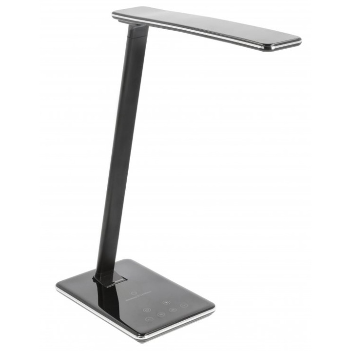 Lampa LED de birou GTV Tritton LB-TRIT6W-10-DEC, cu touch, incarcare Wireless, USB, 6W, 340 lm, temperatura lumina reglabila, Negru