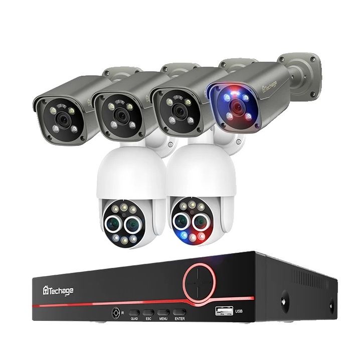 Система за видеонаблюдение, 8MP, Zoom 8X, AI човешко откриване, Цветно нощно виждане, 8 NVR канала, 6 камери, IP66, многоцветен.