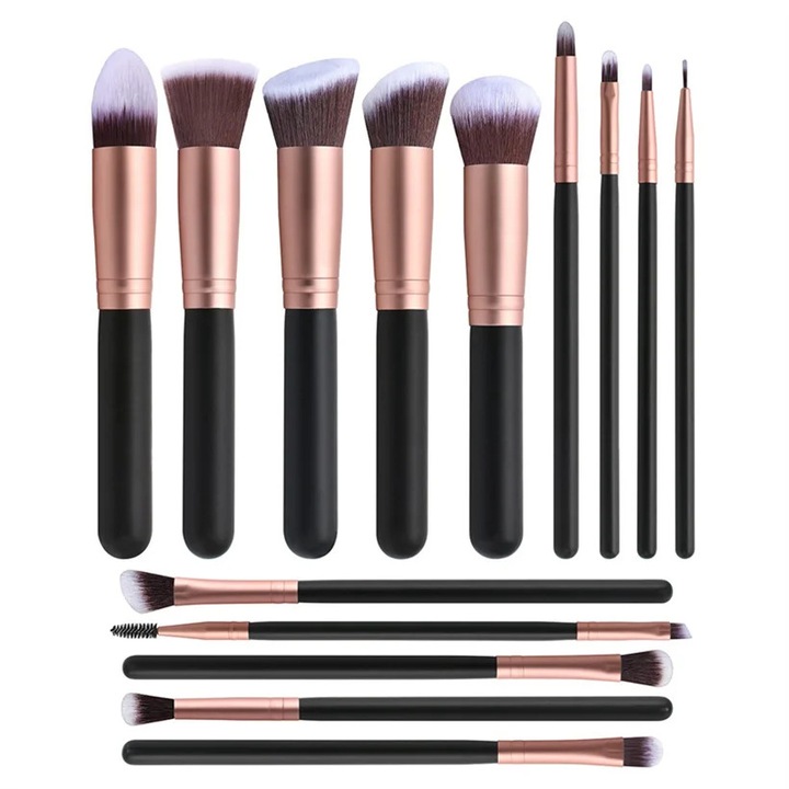 Set 14 pensule de machiaj profesionale pentru ingrijirea frumusetii, ideal pentru aplicarea make-up-ului cu precizie in zona ochilor, buzelor si fetei, Negru