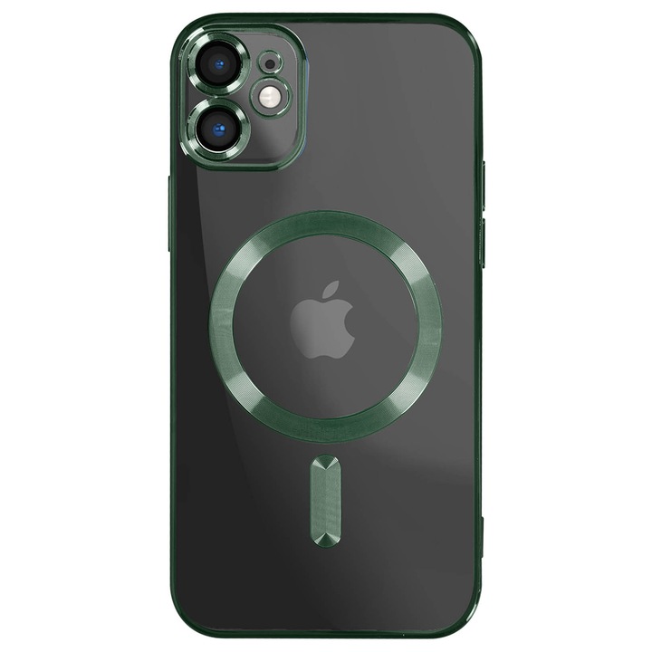 Husa iShield pentru iPhone 11, din silicon gel, cu inel Magnetic functie MagSafe, protectie lentile foto, ElectroPlated, Transparenta, cu margine Verde