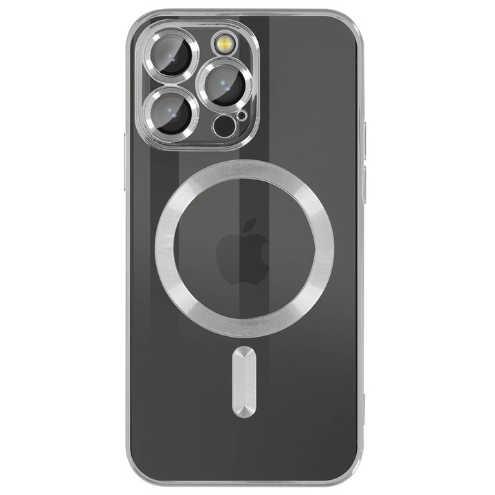 Husa iShield pentru iPhone 11 Pro, din silicon gel, cu inel Magnetic functie MagSafe, protectie lentile foto, ElectroPlated, Transparenta, cu margine Argintie