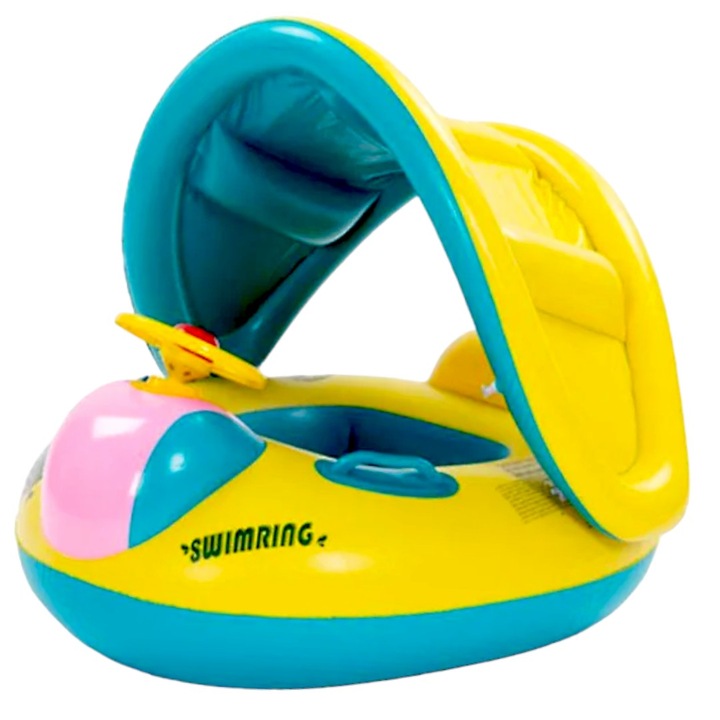 Colac bebelusi, cu suport si protectie solara, cu volan si 2 manere, cu claxon, 73x65x60 cm, multicolor