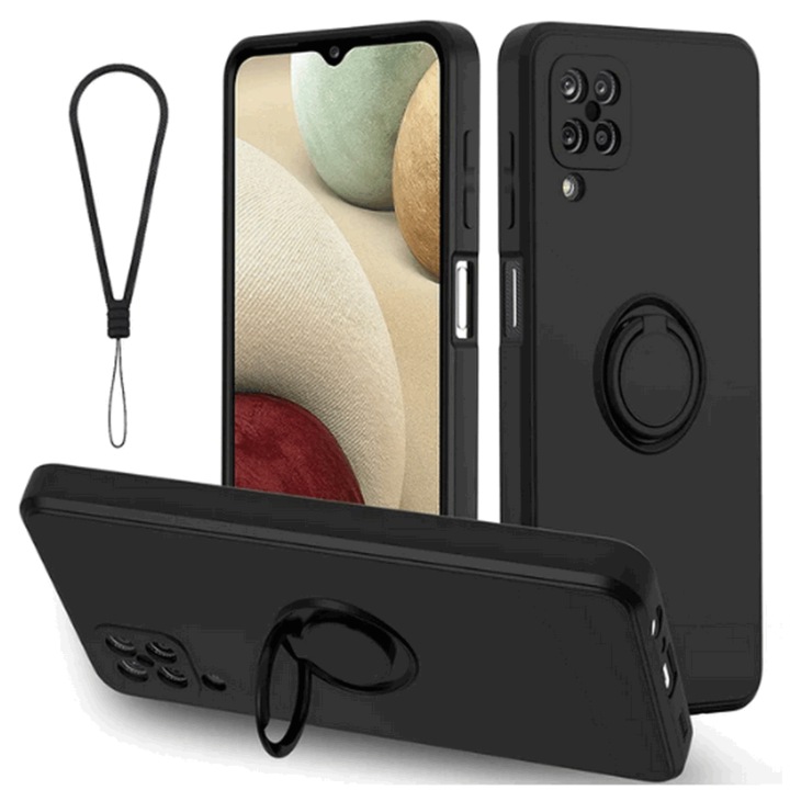 Husa BESINPO cu Inel pentru Samsung Galaxy A12, Protectie 360° Ajustabila cu Suport Magnetic si Snur, Negru