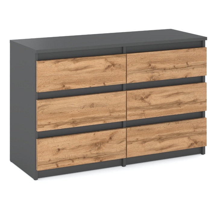 Comoda cu 6 sertare, 100x71.5x33.5cm, Gri Mat Stejar Wotan